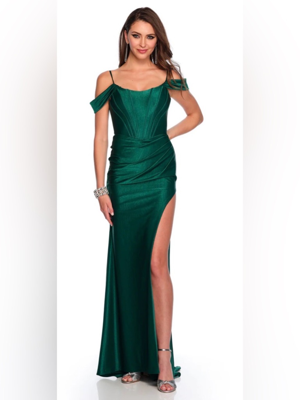 Dave & Johnny Emerald Green One-Shoulder Evening Gown